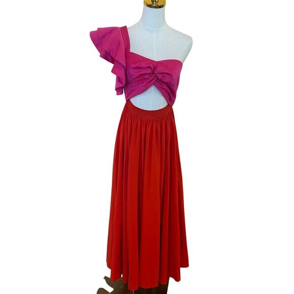 Amur Pink Orange One Shoulder Gown SIZE 2 Pleated Cut Out Formal Vacation $600 - Picture 12 of 16